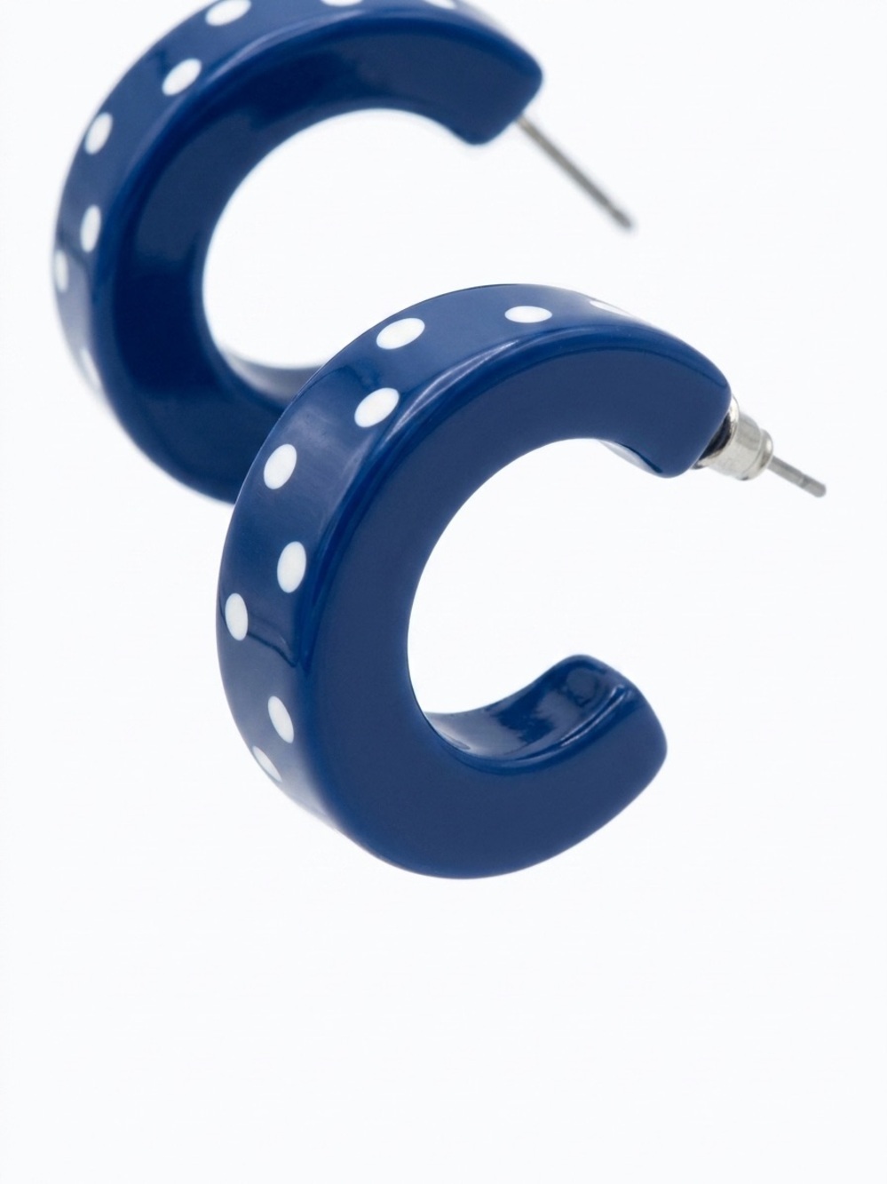 Blue and White Polka Dot Resin Retro Hoop Earrings Lightweight Statement Jewelry